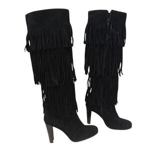 Stuart Weitzman Fringie Black Suede Fringe Boots 7.5 M Over The Knee Western NEW